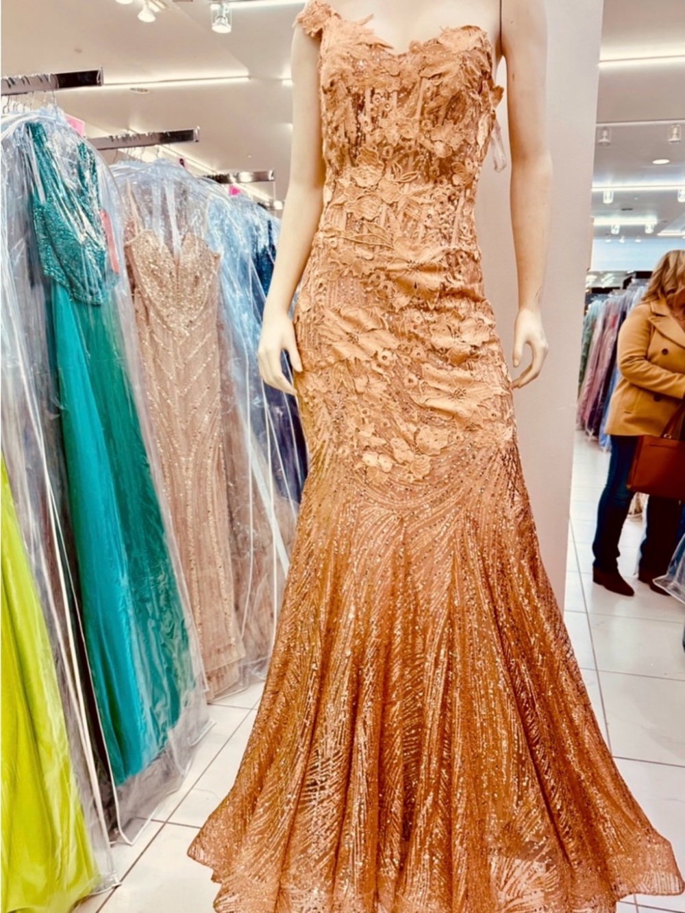 JVN by Jovani Copper Lace & Sequin Mermaid Gown
